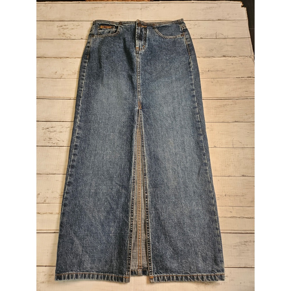 L.E.I. Y2K Denim Maxi Skirt Womens 3 Medium Wash Front Slit 100% Cotton